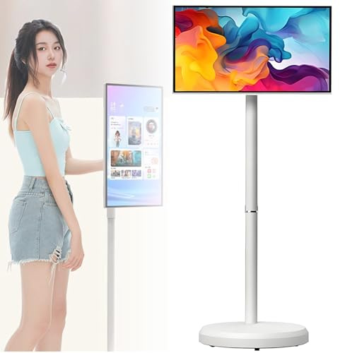 ExoticaBlend Écran Intelligent Mobile 21.5 Pouces HD sur roulettes, Moniteur Portable, Écran Tactile sans Fil, Android 14, Support Pivotant pour Streaming, Télétravail & Usage Polyvalent White-6+128G