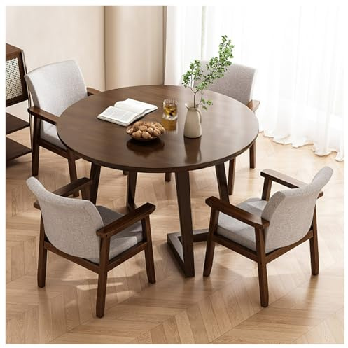 Table de salle à manger ronde moderne en noyer avec 4 chaises élégantes – Meubles de salle à manger en bois massif pour la maison, le salon et le restaurant Table de conférence 100 cm Design élégant