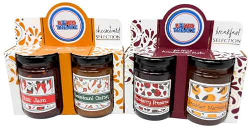 Cheese & Breakfast Lover’s Gift Set – Cheese Board Selection with Chilli Jam & Chutney + Breakfast Selection with Strawberry Preserve & Marmalade – Gourmet Food Hamper 442g Boxed Treatz