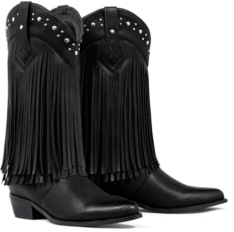 WrangWalker Fringe Cowboy Boots for Women Wide Calf - Tassel & Studded Accents, Faux Suede Leather, Country Hippie Cowgirl Boots, Black US 9
