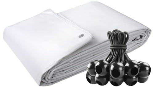 White M-Grade Tarpaulin Cover with Bungee Ball Set, 90 GSM Heavy Duty, Waterproof Outdoor Protection for Tent, Boat, Vehicle, Firewood Storage, Includes 10 Black 4-Inch Elastic Fasteners (5m x 8m)