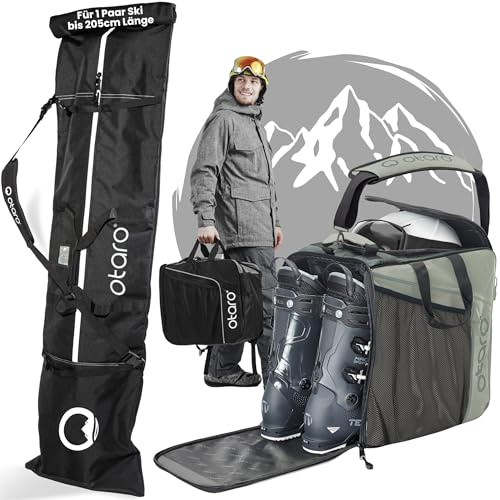 Otaro Skischuhtasche und Skitasche Extra-Lang (Classic Set | Hellgrau | 1x Ski Extra-Lang) | Skitasche für Ski und Skischuhtasche mit Helmfach