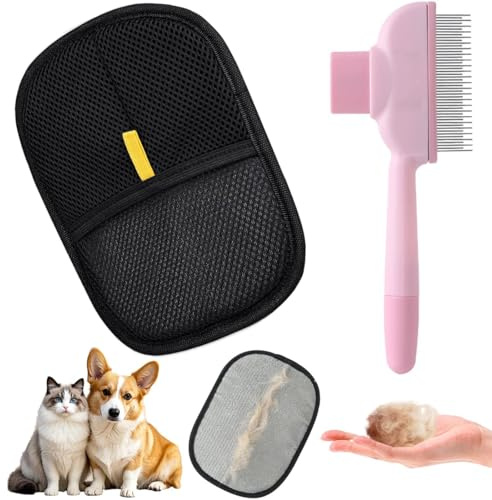 Schwarz Rheinwing Handschuhe Haare, Rosa Fellblitz Bürste Katze, Pfotenmond Bürste, 2Er Set Mit Selbstreinigendem Kamm, Effektiver Katzenhaarentferner Für Lang Und Kurzhaar Tiere, Ideal Für Pflege