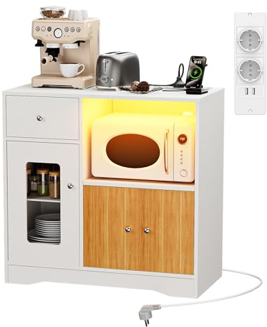 Aparador Cocina Mueble Auxiliar de Cocina Armario Buffet con Enchufe y LED, Mueble Microondas Cocina para Sala de Comedor Salón(Blanco y Roble, 83 x 40 x 80 cm)