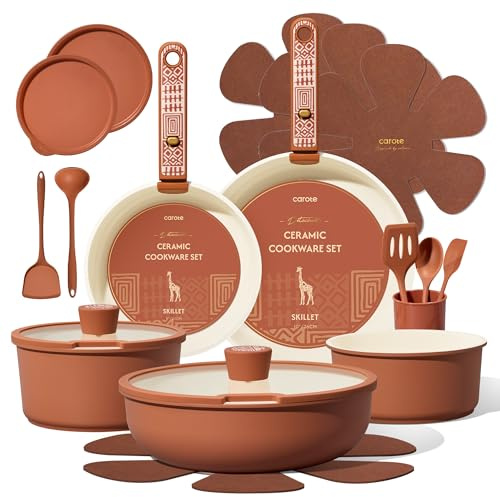 CAROTE 21pcs Ceramic Cookware Set, Pots and Pans Set with Detachable Handle | Non-Stick, Non-Toxic, PFAS&PFOA Free, Induction Compatible, Dishwasher & Oven Safe, Space Saving, Camping Cooking, Terracotta
