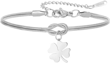 Dreamtimes Braccialetto da donna con quadrifoglio e nodo infinito, in acciaio inox, per anniversario, San Valentino