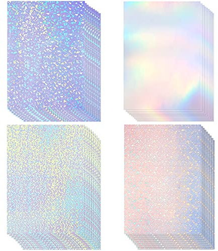 xiaoxiaozhijia 32 Feuilles Autocollant Holographique,Stickers Holographique 210 x 297 mm,film adhésif transparent A4,4 Motifs,Idéal pour la décoration à faire soi-même