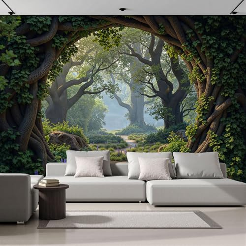 JRZEOCI Forêt Enchantée Papier Peint Panoramique - Chemin L'Arche Circulaire Murale pour Salon Chambre Restaurant Décoration vert brunâtre Poster Mural Fresques Murales, 300x210cm(LxH)