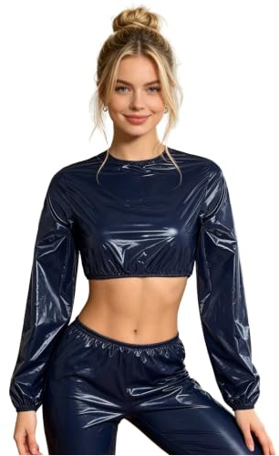 Dam wetlook skjorta långärmad lack crop top glänsande PU-läder toppar korta sporttoppar, Marinblå, XXL