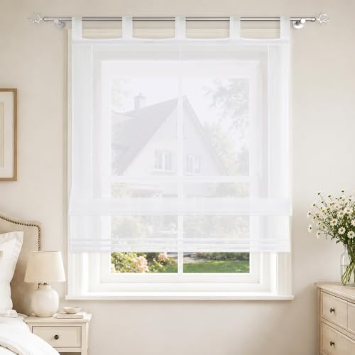 Joyswahl Raffrollo Voile Raffgardinen mit Schlaufen Sophia 60x140cm Weiß | Schlaufenrollo, 1er Pack, Transparent, Fensterrollo innen, Unifarbig, Lichtdurchlässig , für Wohnzimmer Küche Büro, modern