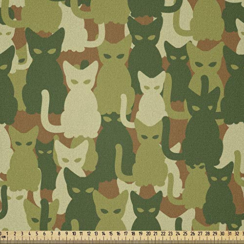 ABAKUHAUS Katze Stoff als Meterware, Kätzchen Silhouetten Jungle, Microfaser Stoff für Dekoratives Basteln, 1M (230x100cm), Dunkelgrün Creme Grün