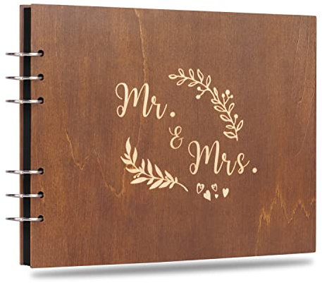 Creawoo 22cm Mr&Mrs hölzernes Hochzeit Gästebuch, Hochzeitsbuch Erinnerungen Einklebebuch für Hochzeit, Jahrestag, Geburtstag mit 80 leeren Seiten und schwarzer Papier, mindestens 160 Bilder