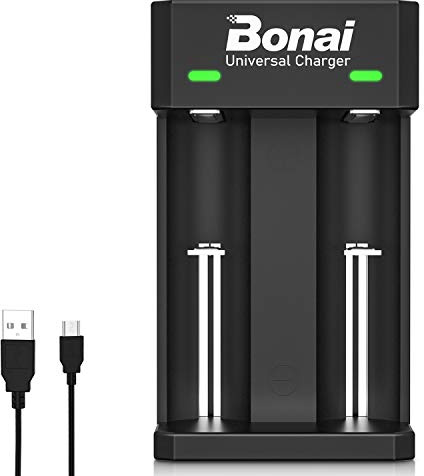 BONAI Battery Charger for 1.2V Ni-MH AA AAA C D Rechargeable Batteries, All Types of 3.7V Lithium Batteries - 2 Slots USB Charger