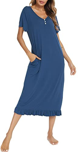 Vlazom Women's Nightdress Ruffle Hem Nightshirts V Neck Long Sleep Dress Nightgown Sleepwear, A-Cobalt Blue, L