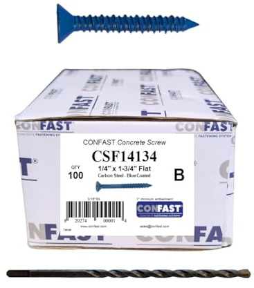 CONFAST 1/4 x 1-3/4 Blue Flat Phillips Concrete Screw Anchor with Drill Bit for Anchoring to Masonry, Block or Brick (100 per Box)