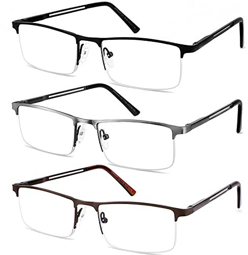 JJWELL 3 STÜCKE Lesebrille Herren Mit Blaulichtfilter, Blaulicht Herren Lesebrille, Rechteckige Halb Metall Lesebrillen Lesehilfe, Anti-Augenbelastung/UV, Anti-Blaulicht Brille Mit Sehstärke 1,0