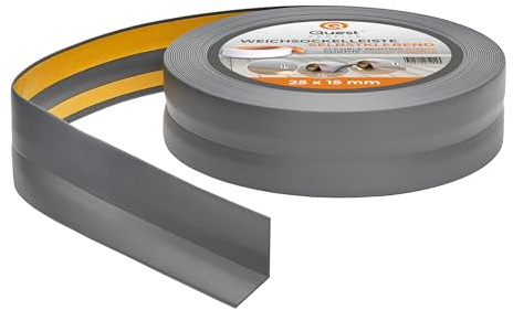Quest Weichsockelleiste Selbstklebend - 25 mm x 15 mm - Knickleiste, Abschlussleiste für Küche, Badezimmer - Dichtungsband PVC, Flexibel, Wasserdicht, Dekorativ - 5 Meter, Dunkelgrau
