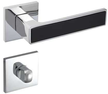 Gavroche Türgriffe Set WC/Bad | Türklinken für Innentüren in Silber Chrom und Schwarz | Drückergarnitur für Zimmertür mit eckiger Rosettengarnitur aus Zink | Türbeschlag in L-Form