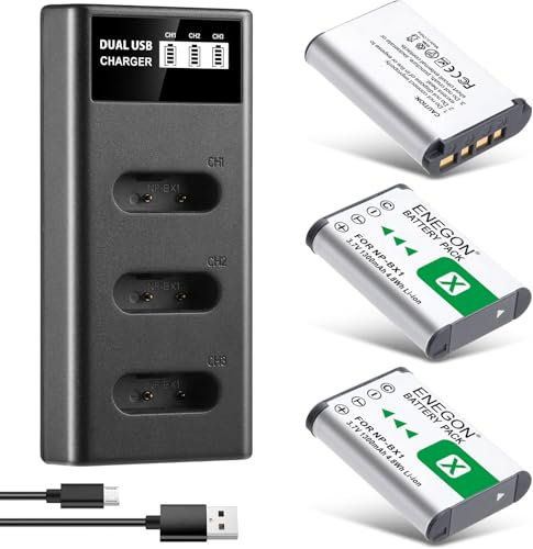 ENEGON Akku NP-BX1 (1300mAh 3-Pack) und LCD-Ladegerät passend für Sony NP-BX1 und Sony ZV-1, Cyber-Shot DSC-RX100, DSC-RX100 II/III/M4/M5/M6/M7/Ⅳ/Ⅴ/Ⅵ/Ⅵ/Ⅶ/VA, DSC-RX100M II, HDR-CX405