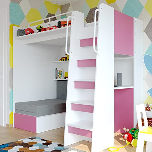 Marlux-Meble Hochbett JSM-7 90x200 TREPPE RECHTS mit Schreibtisch Schränke und Ausklappbares Sofa 70x180 Matt Funktionsbett Etagenbett Stockbett Kinderhochbett Jugendhochbett (Rosa Matt)
