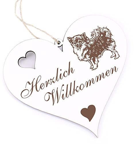Herzlich Willkommen Schild - Langhaar Chihuahua - Deko Herz Holz Willkommensschild Türschild Dekoschild Türdeko
