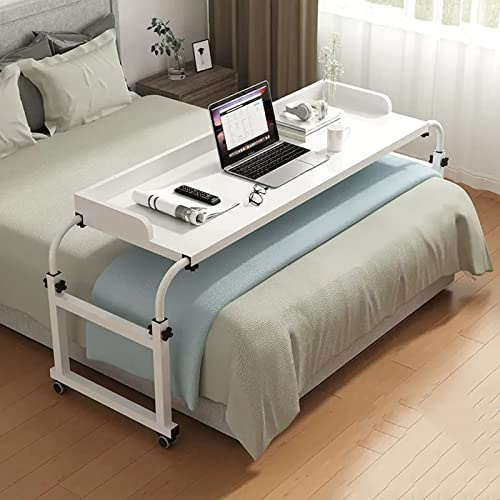 Table de lit extensible à roulettes, hauteur et longueur réglables, table de chevet pour ordinateur portable, station de travail pour la maison, le bureau, blanc, 140 cm