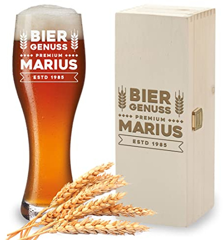 polar-effekt Holzkiste + Bierglas mit Wunschgravur - Motiv: Biergenuss - personalisiert - 1x Holzbox - 1x Weizenbierglas 500 ml - Pils, Weißbier - Geburtstag, Vatertag - DIY Geschenk - Papa, Dad