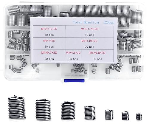 125 piezas M3 M4 M5 M6 M8 M10 M12 Surtido de insertos roscados vaina, acero inoxidable hilo roscado inserciones tornillos helicoil, reparación de insertos de alambre de acero inoxidable 304