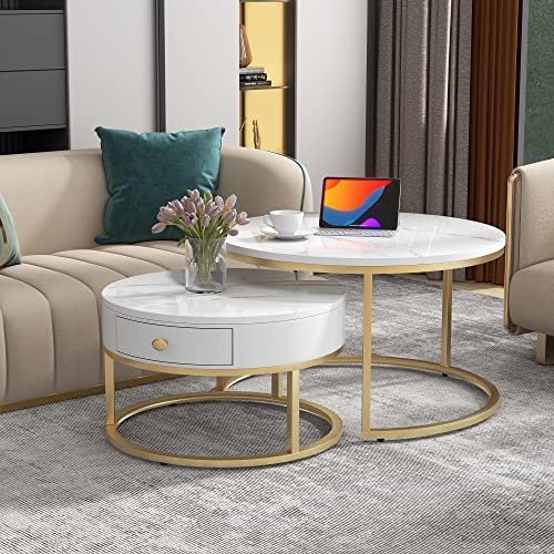 BTM Lot de 2 tables basses rondes avec tiroir, tables d'appoint amovibles, tables gigognes avec rangement, motif marbre (dalle non roche), dessus pour salon, chambre à coucher, bureau (blanc, tiroir)