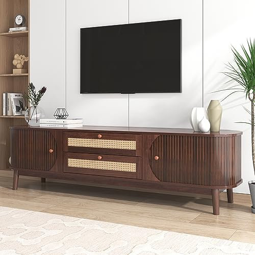 Merax Mobile TV con 2 cassetti e 2 ante scorrevoli in legno massello, mobile TV con rattan, credenza rustica, mobile TV per soggiorno, sala da pranzo, 170 cm, marrone