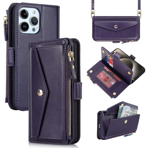 ZOUZT for iPhone 15 Pro Max Wallet Case for Women, Purse with Credit Card Holder Slots Crossbody Lanyard Strap Zipper Flip Book Shockproof Protective Phone Cover for Apple 15 Pro Max 6.7 Inch (Purple)