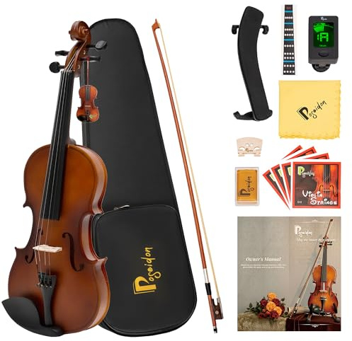 Poseidon 3/4 Violinen-Set für Anfänger, Premium-Handarbeit, Violine für Kinder und Erwachsene, mit Hartschalenkoffer, Bogen, Kolophonium, extra Violinensaiten, 3/4 komplettes Set, Schulterstütze