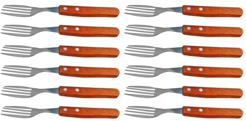 Tradineur - Pack de 12 Tenedores chuleteros de Acero Inoxidable, Mango de Madera, Cubiertos clásicos para Carne, Aptos para lavavajillas - 20,5 cm