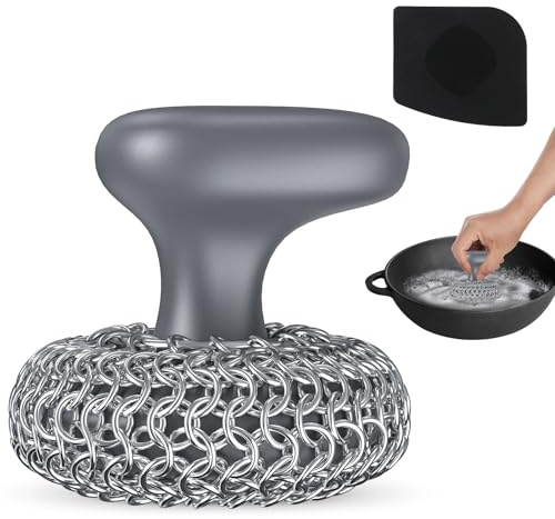 Purgreat Gusseisen-Schrubber | Geschirrscheuerbürste | 316 Gusseisen-Reiniger Kettennetz-Schrubber für Gusseisen-Pfannenreiniger – Geschirr-Scheuerschwamm, spülmaschinenfestes Reinigungsset, Grau 02