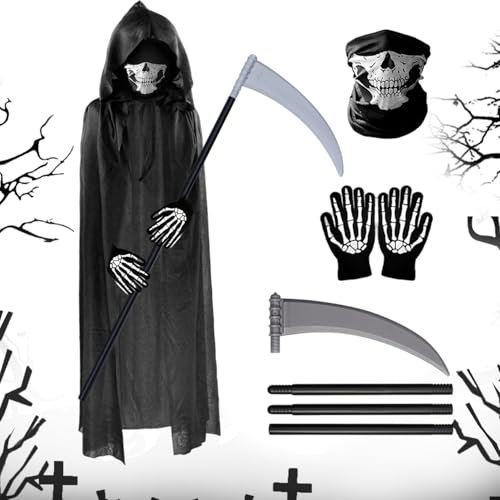 Kapokr 4 Pcs Halloween Kostüm Herren Gruselig Set, Halloween Kostüm Männer mit Kapuze Sense, Gruselige Kostüme für Jungs, Halloween Kostüm Sensenmann 150-180cm Unisex
