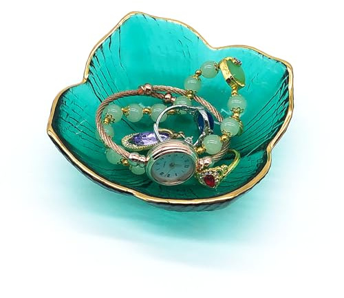 BESSKON Small Flower Ring Dish, Pink Glass Jewelry Tray, Nightstand Decor, Crystal Ring Holder for Women, Bathroom Trinket Tray Soap Dish (Green)