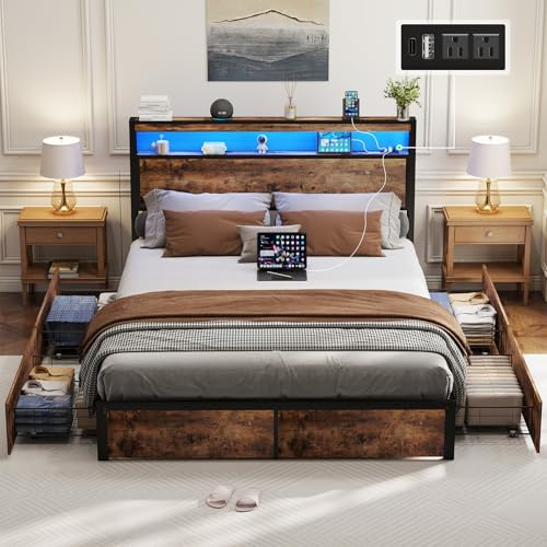SADENICEL Full Size Bed Frame with Storage, LED Wood Bed Platform with Headboard, 4 Drawers, Charging Station, No Box Spring Needed, Metal Support Base, Vintage Brown