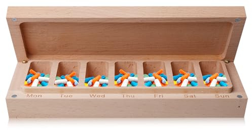 Medikamentenbox 7 Tage: PRITOK Pillenbox aus Buchenholz, Tablettenbox Holz, 7-Tage-Pillen-Organizer mit Magnetverschluss. Ideal für die Aufbewahrung von Vitaminen, Pillen und Nahrungsergänzungsmitteln