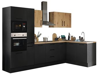 TURIN LBM Eckküche Artisan Eiche Optik Schwarz 300 x 211 x 60 cm (B/H/T) | Küche ohne Küchengeräte, L-Form, L-Küche, Einbauküche ohne Elektrogeräten, geräumig, mit viel Stauraum, modernes Design