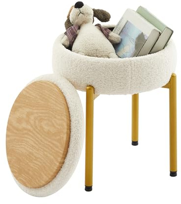 QLHousesuoH Vanity Stool Chair with Storage Multi-Functional Makeup Stool & Side Table Teddy Velvet, 4cm Foam Support Storage Chairs, 300lb Capacity for Bedroom Living Room Dressing Room (White+Gold)