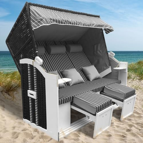 BRAST® Strandkorb Usedom 3-Sitzer XXL für 2-3 Personen | 165cm breit | 5 Designs | inkl. wetterfeste Abdeckhaube | verstellbare Rückenlehne Fußkissen | Anthrazit/Grau - gestreift