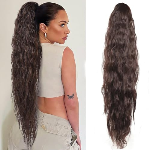 XFSRG Lange Pferdeschwanz Haarteil Extensions Wellig Lockig Haarextension Synthetik Zopf Haarverlängerung mit Kordelzug Haarteil Ponytail für Damen（Braun/76CM）