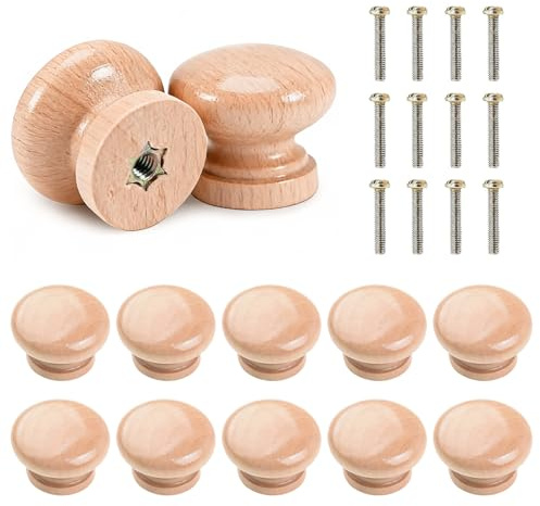LZYDKH 12 PCS Wooden Drawer Knobs, Round Wood Drawer Handles Wooden Door Knobs with Screws for Kitchen, Furniture, Cabinet, Cupboard 28 x 24mm