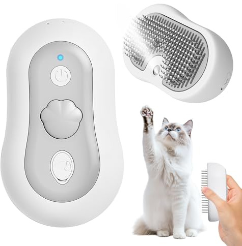 Katzenbürste mit Dampf & Auslöseknopf, Wiederaufladbare Dampfbürste mit Wassertank, Massage-Steamer für Katzen und Hunde aller Felltypen zur Fellpflege und Reinigung