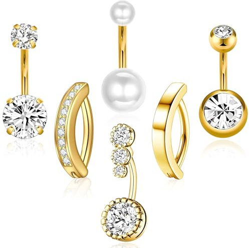 HaoHanEup 6Pcs Belly Button Bars Set, Hypoallergenic Steel Belly Button Rings with Pearls & Diamonds, Elegant Body Jewellery for Women, Navel Piercing Belly Bar Collection (Gold)