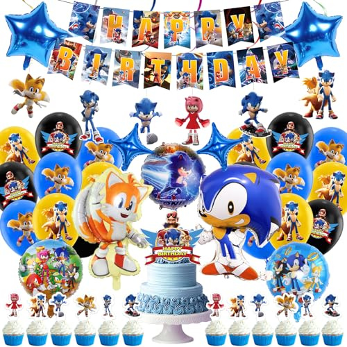 47 Stück Geburtstagsdeko Kinder, Cartoon Deko Geburtstag mit Banner Spiralen Luftballons Foil Balloon Tortendeko Cupcake Topper für 4 5 6 7 8 9 jahre Jungen Mädchen Geburtstags Party