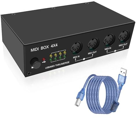 XMSJSIY USB MIDI Interface Box 4 In 4 Out 64 Channel MIDI Thru Box 4 * 4 Converter with Router Merge Splitter Thru Hub with LED Indicators for PC Mac and USB MIDI instruments