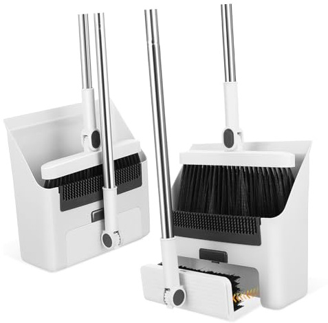 Mikinona Long Handle Broom and Dustpan Set with Capacity Dust Pan Sturdy Plastic Sweeper for Indoor and Outdoor Cleaning Corner Reach Floor Brush Combo