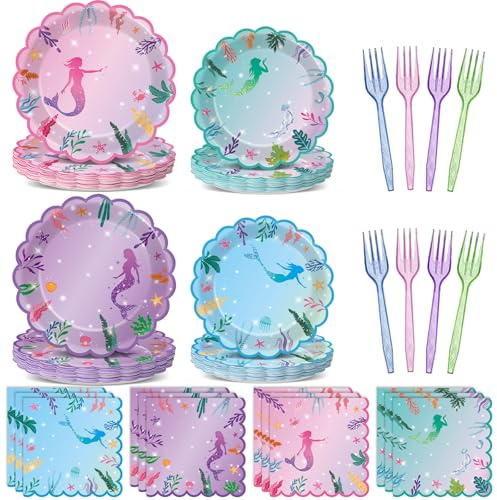 96 Pcs Mermaid Birthday Party Decorations Under The Sea Scalloped Tableware Mermaid Party Supplies Under The Sea Plates Napkins and Forks for Girl Baby Shower Ocean Theme Table Decorations Serves 24