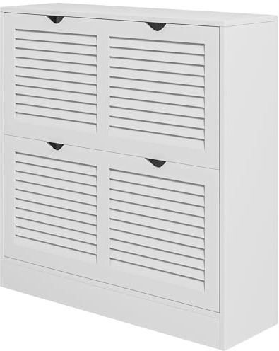 HOMCOM Narrow Shoe Cabinet Flip Drawers Entryway Storage Cabinet White | 2 Flip Drawers, Louvred Doors, Adjustable Shelves, Space-Saving, Holds up to 16 Pairs of Shoes